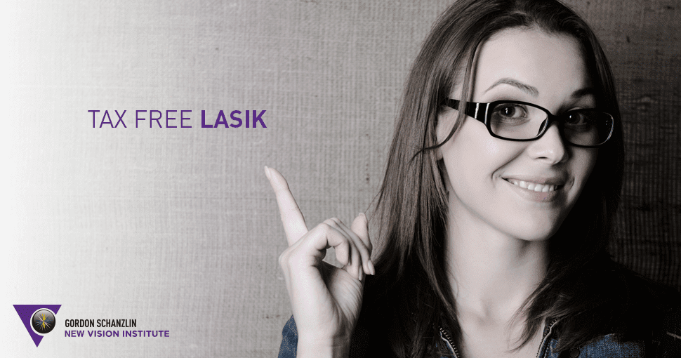 Women with glasses smiling and pointing to Tax Free Lasik HSA