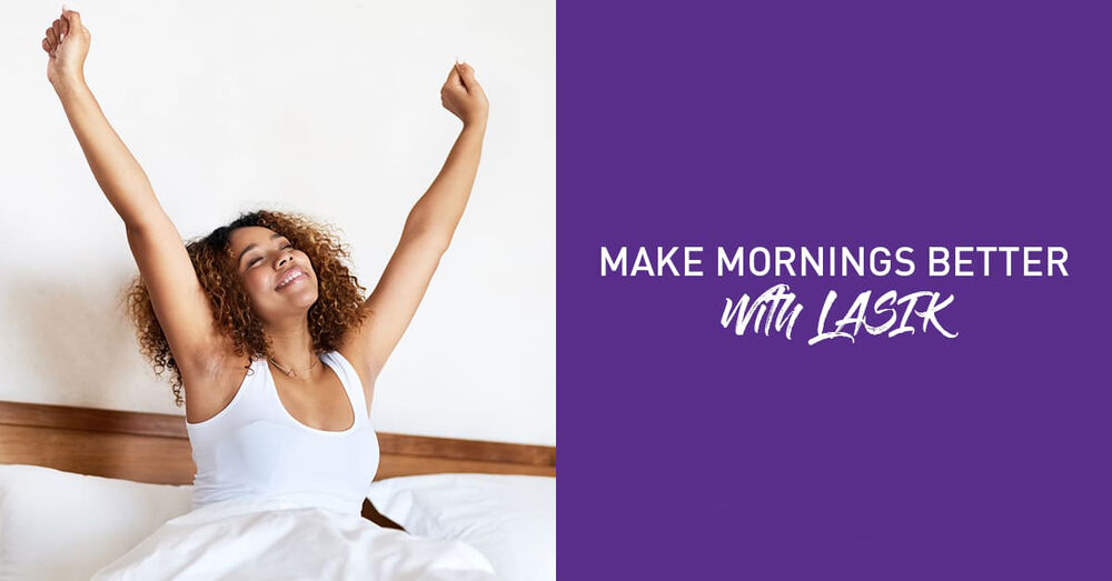 Young women stretching in bed - Make Mornings Better With LASIK Graphic. 