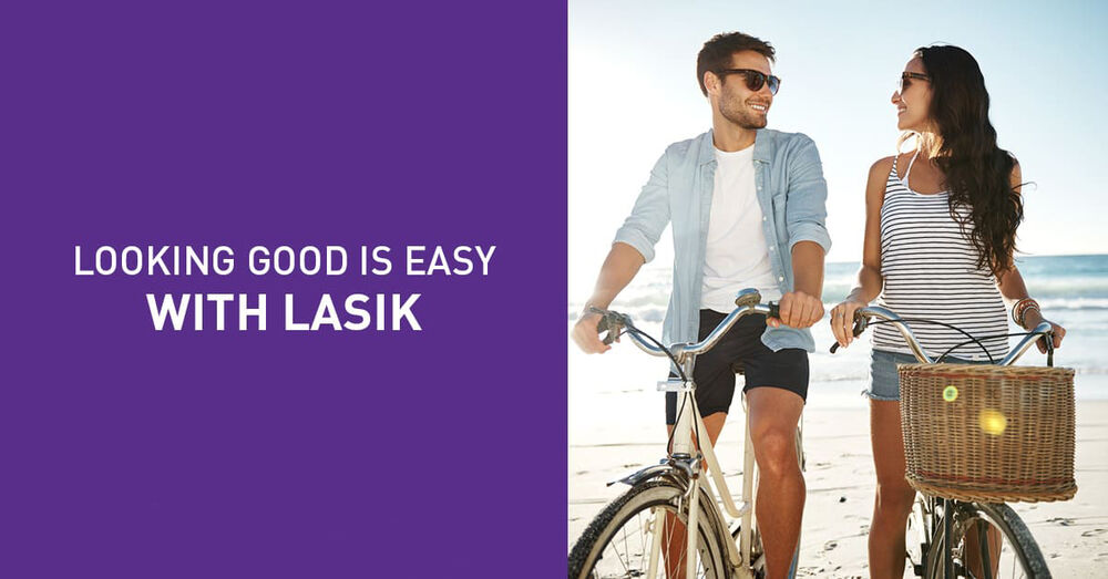 A young couple on bikes looking at each other - Looking Good Is Easy With LASIK Graphic. 