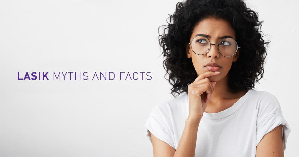 Young women with glasses, finger on chin thinking - LASIK Myths and Facts Graphic. 