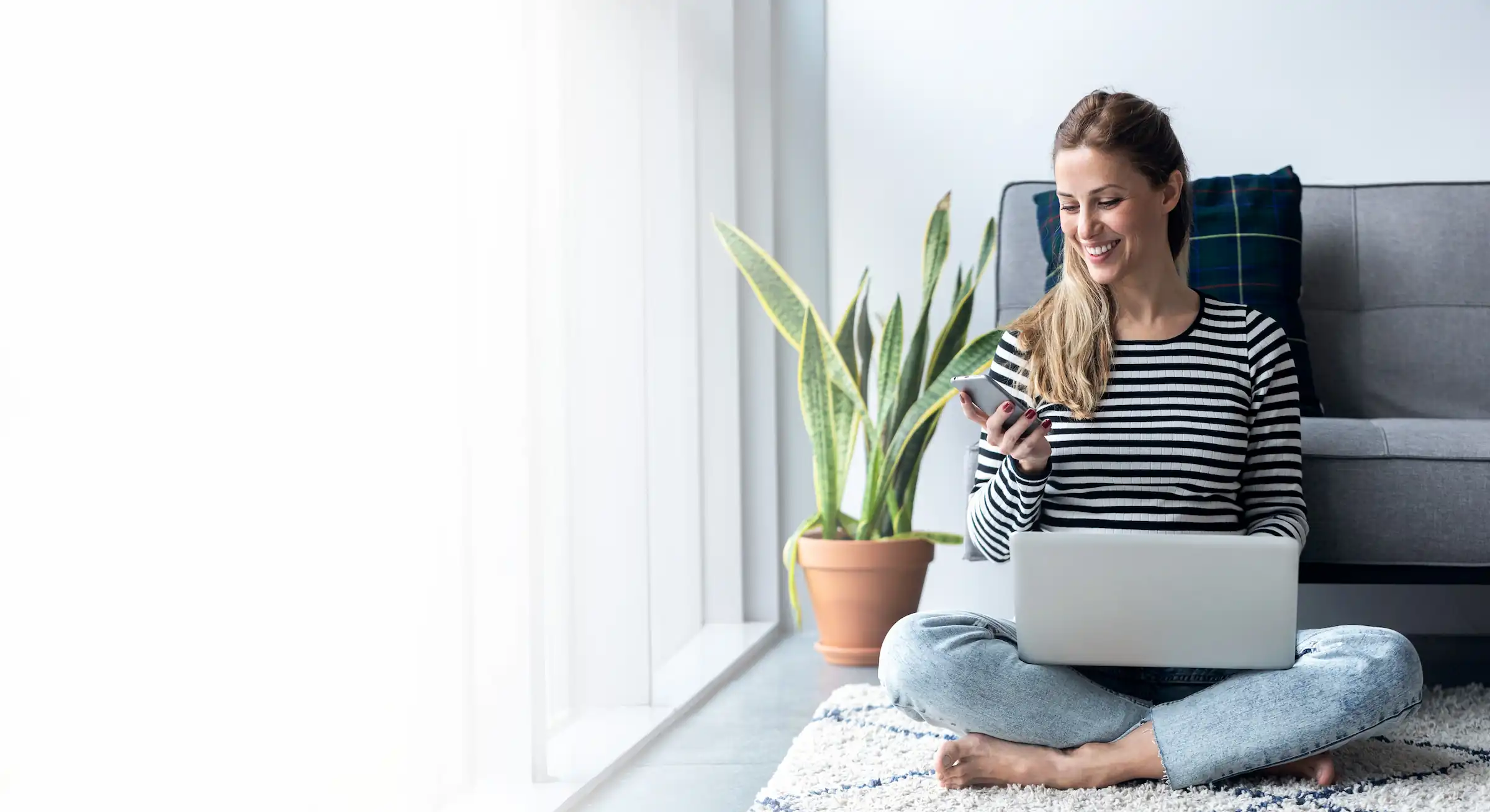 Happy woman after scheduling an appointment