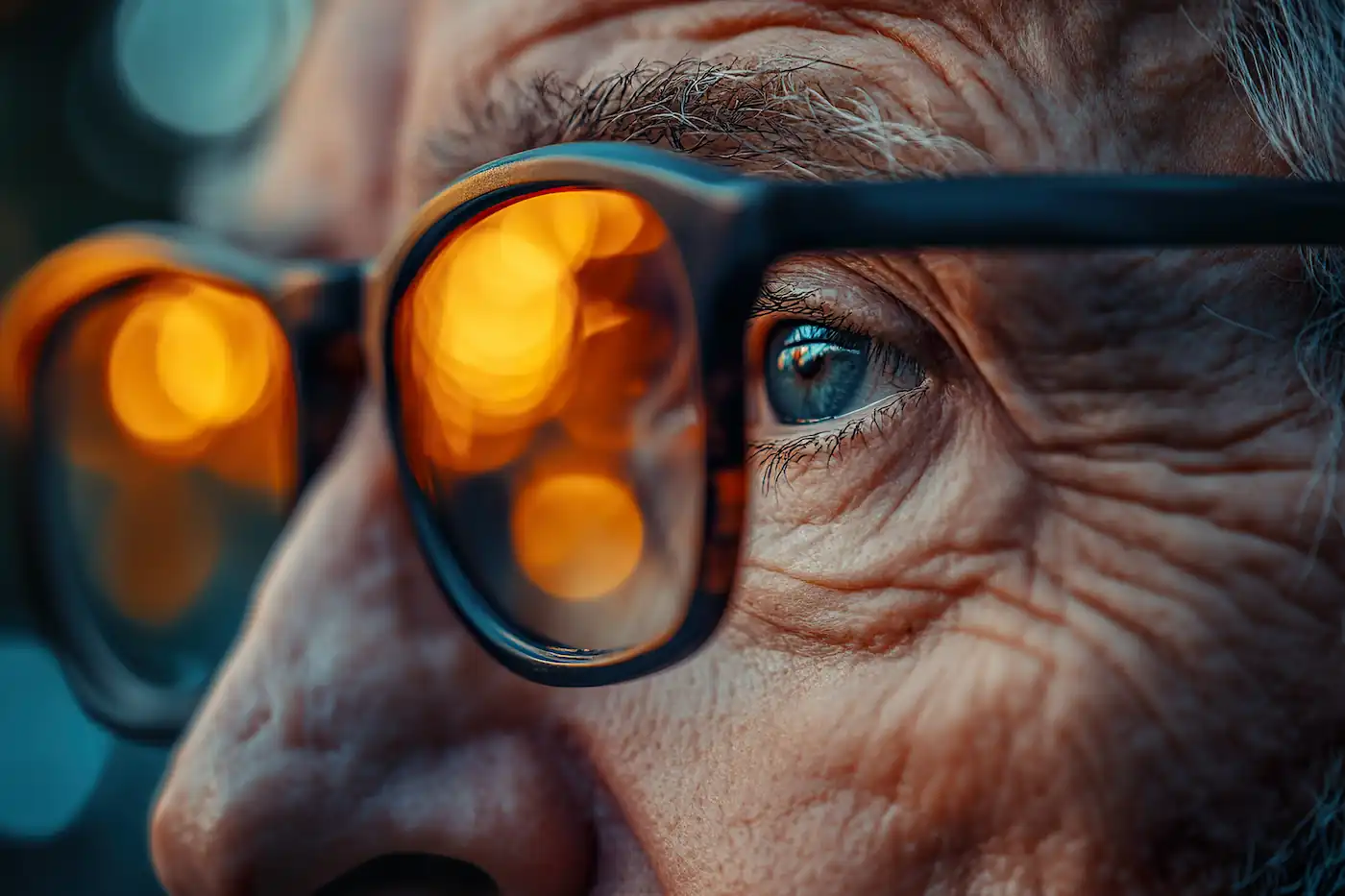 close up of older man wearing glasses and looking towards a sunset